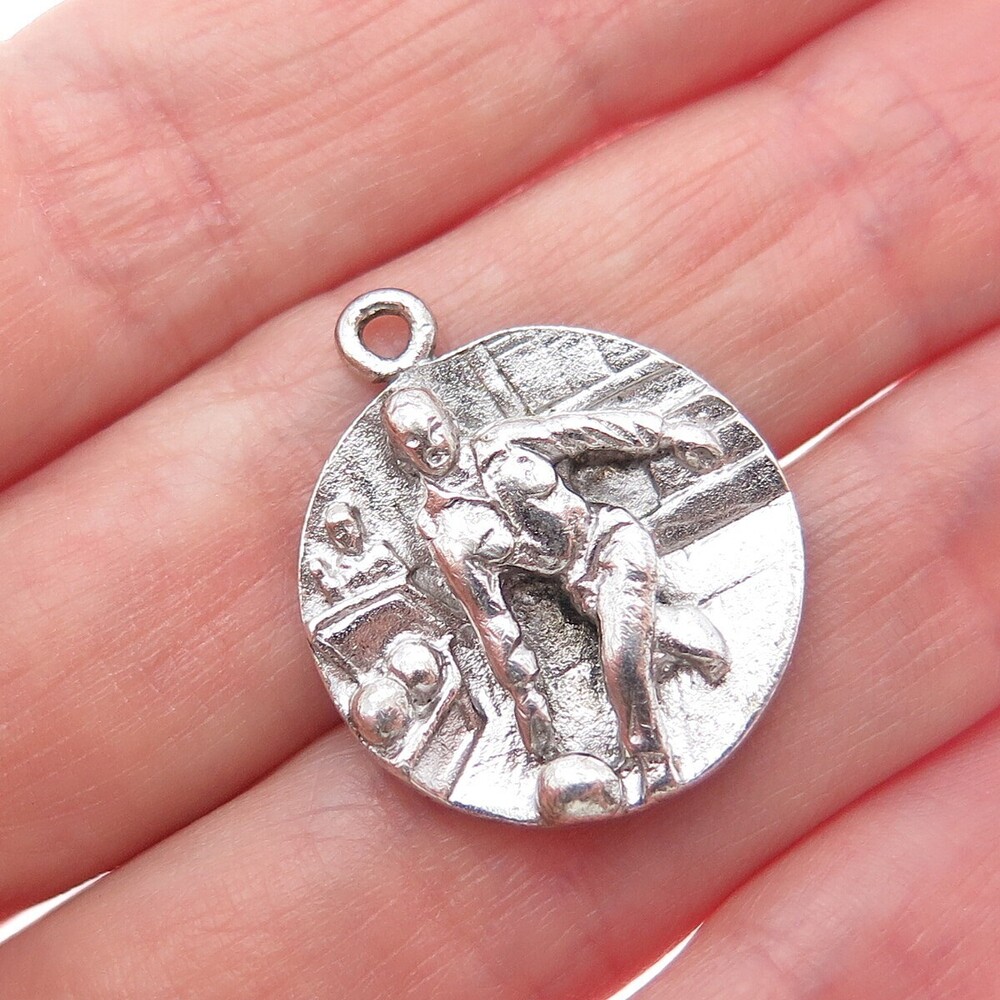 CHARM CRAFT 925 Sterling Silver Vintage Bowling Player Oxidized Pendant